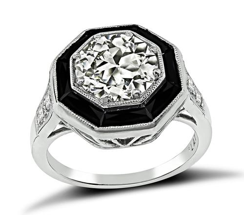 European Cut Diamond Baguette Cut Onyx Platinum Engagement Ring