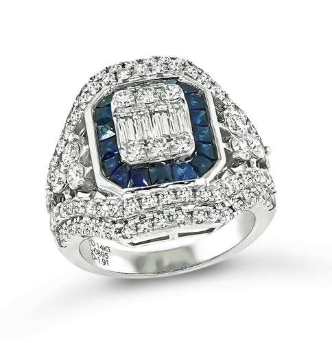 Round and Baguette Cut Diamond Square Cut Sapphire 14k White Gold Ring