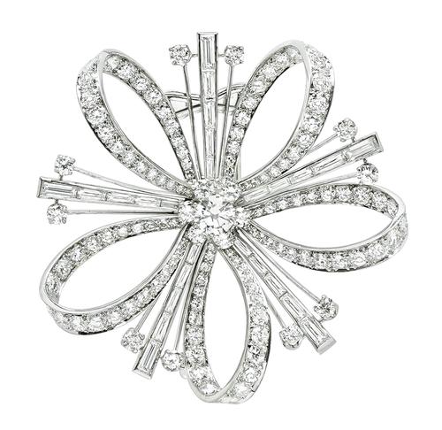 Round and Baguette Cut Diamond Platinum Brooch