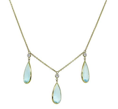 Pear Shape Aquamarine Round Cut Diamond 14k Yellow Gold Necklace