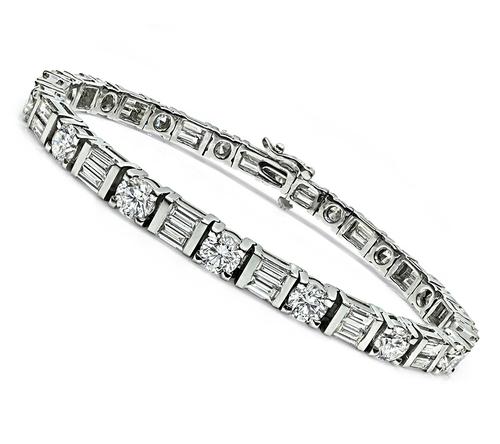 Round and Baguette Cut Diamond 14k White Gold Bracelet