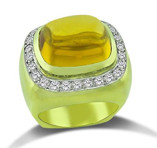 Cabochon Citrine Round Cut Diamond 18k Yellow and White Gold Ring