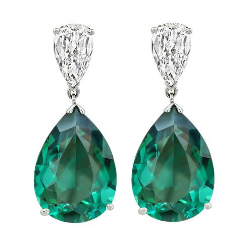 Pear Shape Tourmaline and Diamond 14k White Gold Earrings