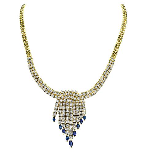 Round and Carre Cut Diamond Marquise Cut Sapphire 18k Yellow Gold Necklace