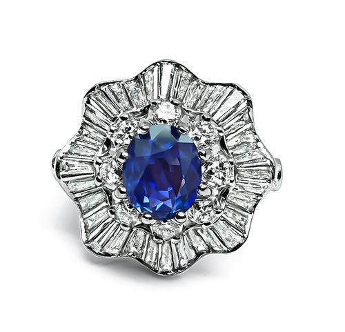 Oval Cut Sapphire Baguette and Round Cut Diamond Platinum Ring