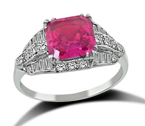 Vintage Asscher Cut Pink Sapphire Baguette and Round Cut Diamond Platinum Ring