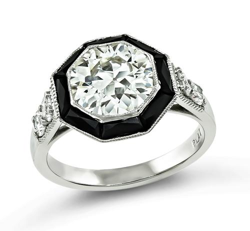 Estate Old European Cut Diamond Onyx Platinum Engagement Ring