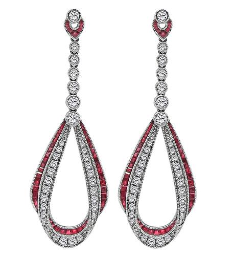 Round Cut Diamond Square Cut Ruby 14k White Gold Dangling Earrings
