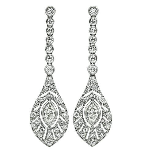 Marquise and Round Cut Diamond Platinum Earrings