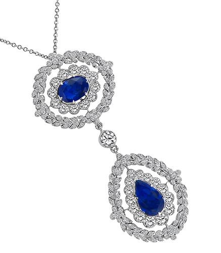 Pear and Oval Cut Sapphire Round Cut Diamond 18k White Gold Pendant Necklace
