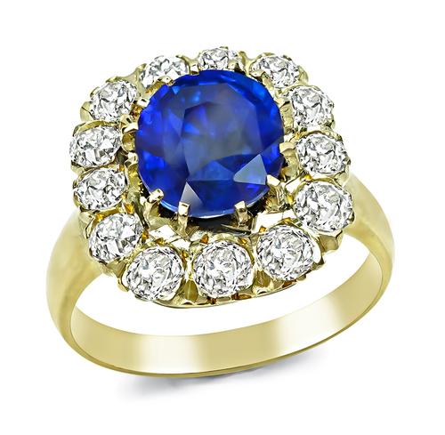 Oval Cut Sapphire Old Mine Cut Diamond 18k Yellow Gold Ring