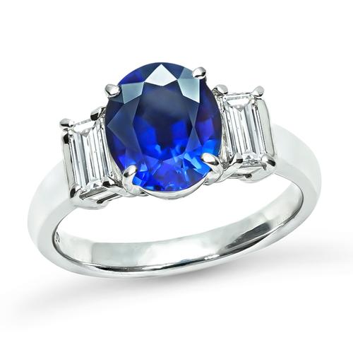 Oval Cut Sapphire Baguette Cut Diamond Platinum Engagement Ring