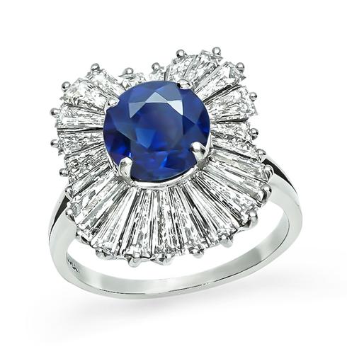 Round Cut Sapphire Baguette Cut Diamond Platinum Ballerina Ring