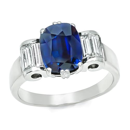 Cushion Cut Sapphire Baguette Cut Diamond 14k White Gold Engagement Ring