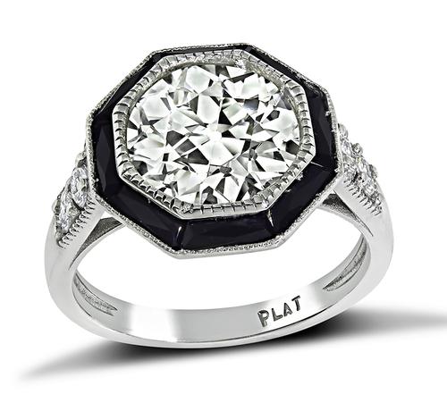 Old European Cut Diamond Onyx Platinum Engagement Ring