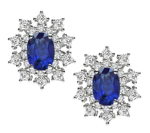 Oval Cut Sapphire Round and Carre Cut Diamond Platinum Stud Earrings