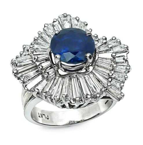 Round Cut Sapphire Baguette Cut Diamond Platinum Ring