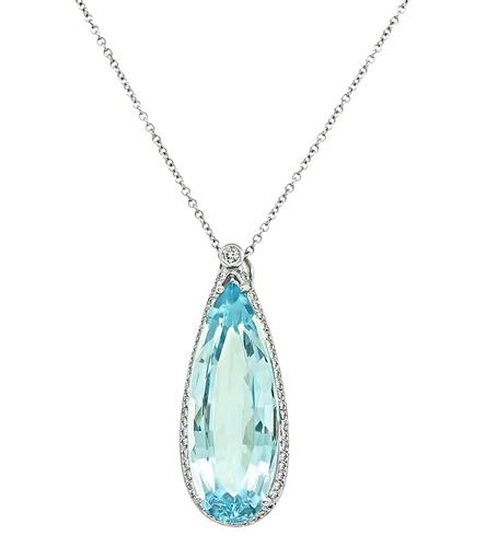 Pear Shape Aquamarine Round Cut Diamond 14k White Gold Pendant Necklace