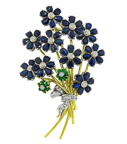 Pear Shape Sapphire Round Cut Diamond and Emerald 18k Yellow and White Gold Flower Pin