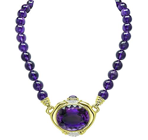 Round Cut Diamond 14k Yellow Gold Oval and Round Bead Amethyst Necklace