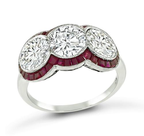 Vintage Round Cut Diamond Ruby Platinum Three Stone Ring