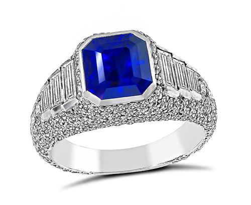Emerald Cut Ceylon Sapphire Round and Baguette Cut Diamond Engagement Ring