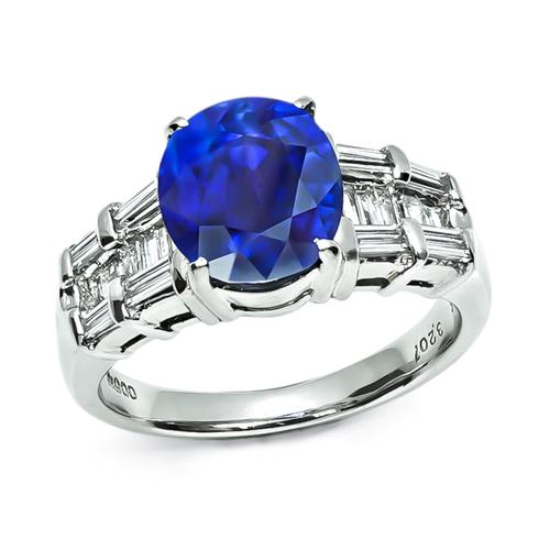 Oval Cut Sapphire Baguette Cut Diamond Platinum Engagement Ring