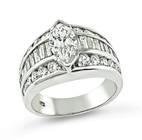 Marquise Baguette and Round Cut Diamond 14k White Gold Ring