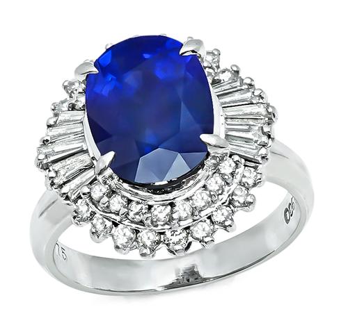 Oval Cut Sapphire Baguette and Round Cut Diamond Platinum Ring