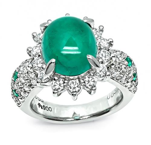 Cabochon Emerald Round Cut Diamond Platinum Ring