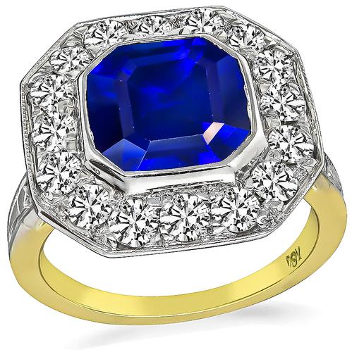 Art Deco Asscher Cut Sapphire Round Cut Diamond 18k Yellow and White Gold Engagement Ring