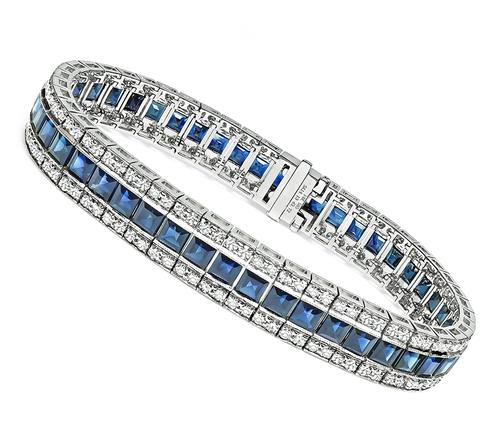 Square Cut Sapphire Round Cut Diamond 14k White Gold Bracelet
