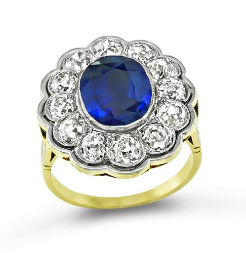 Oval Cut Sapphire Old Mine Cut Diamond 14k Yellow and White Gold Ring