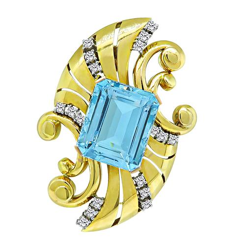 Emerald Cut Aquamarine Round Cut Diamond 18k Yellow Gold Pin