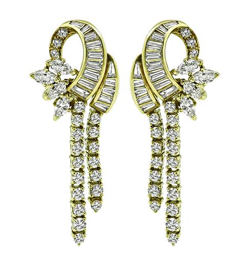 Baguette Marquise and Round Cut Diamond 14k Yellow Gold Earrings