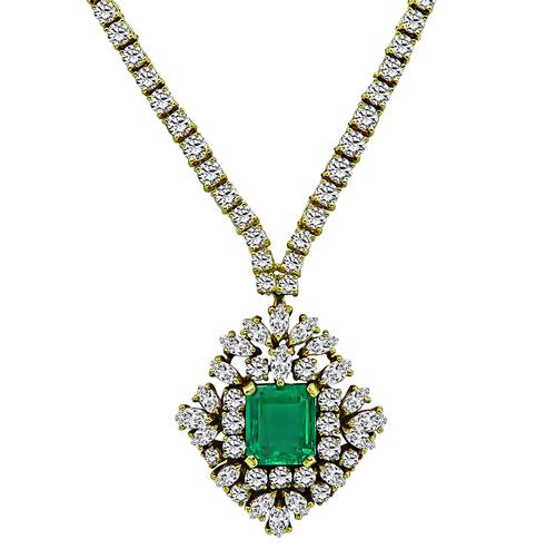 Emerald Cut Emerald Round and Marquise Cut Diamond 18k Yellow Gold Pendant Necklace