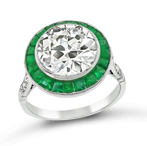 Old Mine Cut Diamond Emerald Platinum Halo Engagement Ring