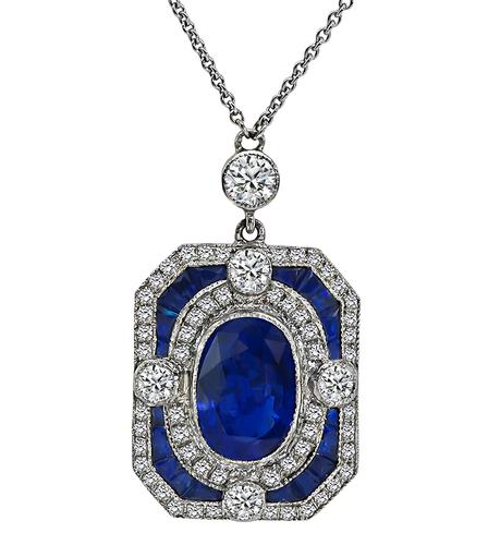 Oval Cut Sapphire Round Cut Diamond 18k White Gold Pendant Necklace