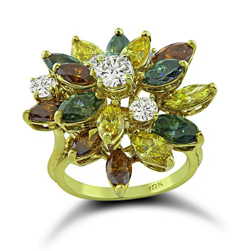 Marquise Cut Fancy Color Diamond Round Cut Diamond 18k Yellow Gold Ring