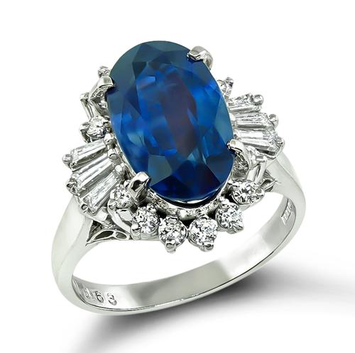 Oval Cut Sapphire Round and Baguette Cut Diamond Platinum Ring