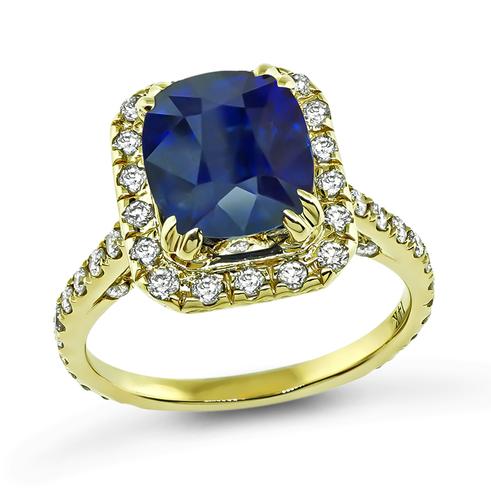 Cushion Cut Sapphire Round Cut Diamond 14k Yellow Gold Engagement Ring