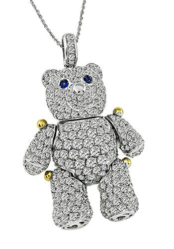 Round Cut Diamond Sapphire 18k White and Yellow Gold Teddy Bear Pendant Necklace