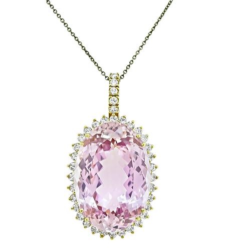 Oval Cut Kunzite Round Cut Diamond 14k Yellow Gold Pendant