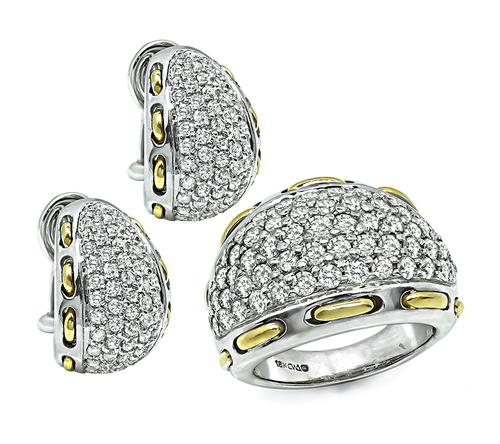 Round Cut Diamond 18k White and Yellow Gold Ring and Earrings Set