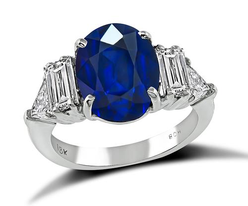 Oval Cut Sapphire Baguette and Trilliant Cut Diamond 18k White Gold Engagement Ring