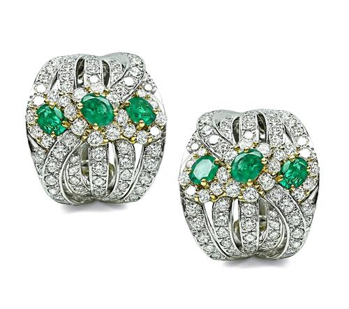 Round Cut Diamond Oval Cut Emerald Platinum and 18k Yellow Gold Earrings