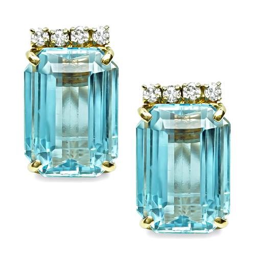 Emerald Cut Aquamarine Round Cut Diamond 14k Yellow Gold Earrings