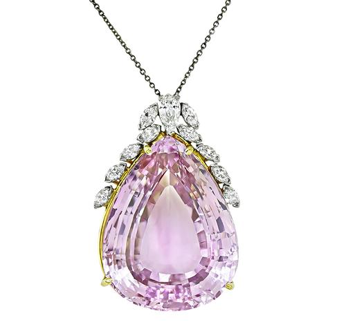 Pear Shape Kunzite Marquise and Pear Shape Diamond 14k Yellow and White Gold Pendant