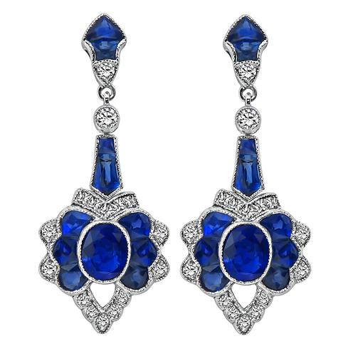 Oval Fan and Trapezoid Cut Sapphire Round and Princess Cut Diamond 18k White Gold Earrings