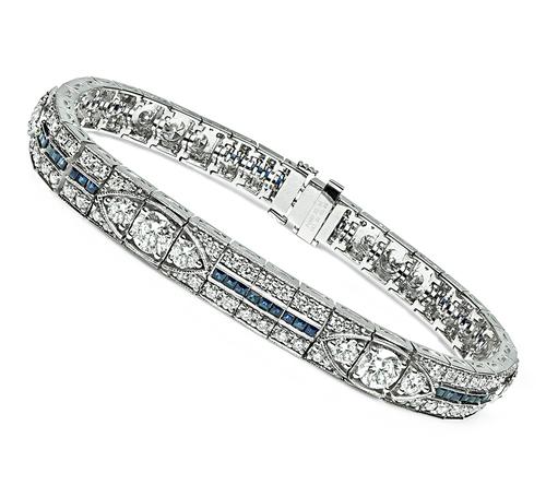 Round Cut Diamond Square Cut Sapphire Platinum Bracelet
